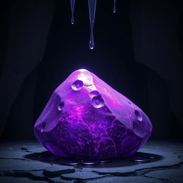 A mystical fantasy scene featuring a large, shimmering purple stone, set against a deep, dark background that adds an air of mystery