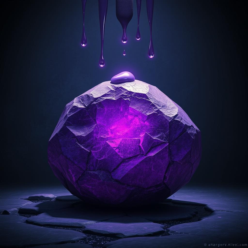 A mystical fantasy scene featuring a large, shimmering purple stone, set against a deep, dark background that adds an air of mystery