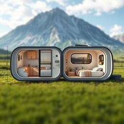 A creative design of foldable accommodation for four people, consisting of two modular units, each with dimensions of 60 cm in width, 400 cm in length, and a height of 210 cm