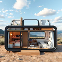 A creative design of foldable accommodation for four people, consisting of two modular units, each with dimensions of 60 cm in width, 400 cm in length, and a height of 210 cm