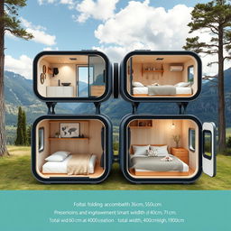 A creative design of foldable accommodation for four people, consisting of two modular units, each with dimensions of 60 cm in width, 400 cm in length, and a height of 210 cm