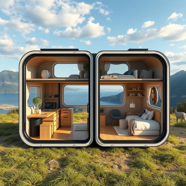 A creative design of foldable accommodation for four people, consisting of two modular units, each with dimensions of 60 cm in width, 400 cm in length, and a height of 210 cm