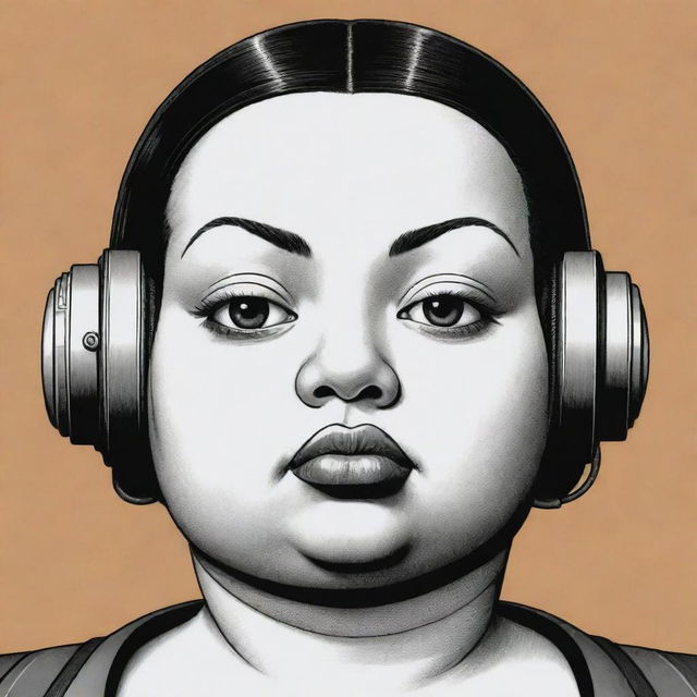 Create three individual portraits of obese, mixed-race robot girls, drawn with distinct lines in the noir style of Charles Burns