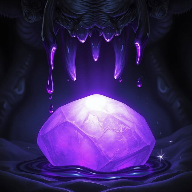 A stunning fantasy scene featuring a large, mesmerizing purple stone that glows softly against a dark, velvety background