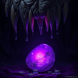 A stunning fantasy scene featuring a large, mesmerizing purple stone that glows softly against a dark, velvety background