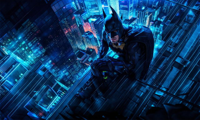 Cybernetic Batman crouching on a skyscraper in a neon-lit dystopian cityscape, viewed from a 200mm perspective.