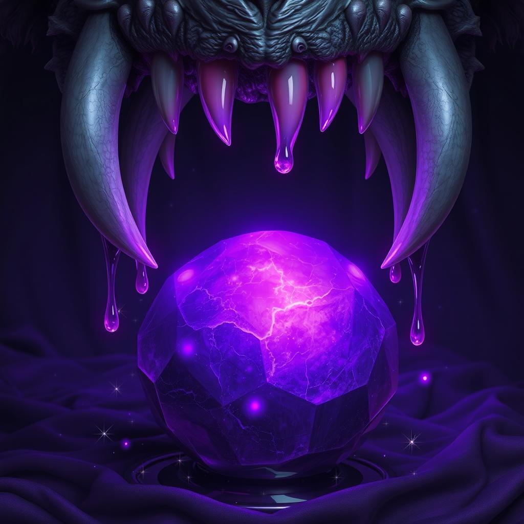 A stunning fantasy scene featuring a large, mesmerizing purple stone that glows softly against a dark, velvety background