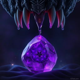 A stunning fantasy scene featuring a large, mesmerizing purple stone that glows softly against a dark, velvety background