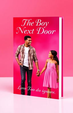 A romantic book cover design featuring a guy and a girl holding hands, set against a vibrant background of red and pink hues