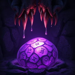 A captivating fantasy scene featuring a mystical purple stone, glowing softly against a dark, textured background