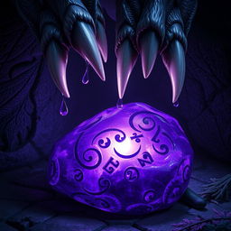 A captivating fantasy scene featuring a mystical purple stone, glowing softly against a dark, textured background