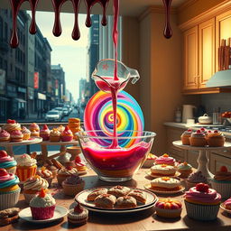 A hyperrealistic scene featuring a table laden with various colorful baked goods, including cupcakes, cookies, and pastries, all beautifully arranged