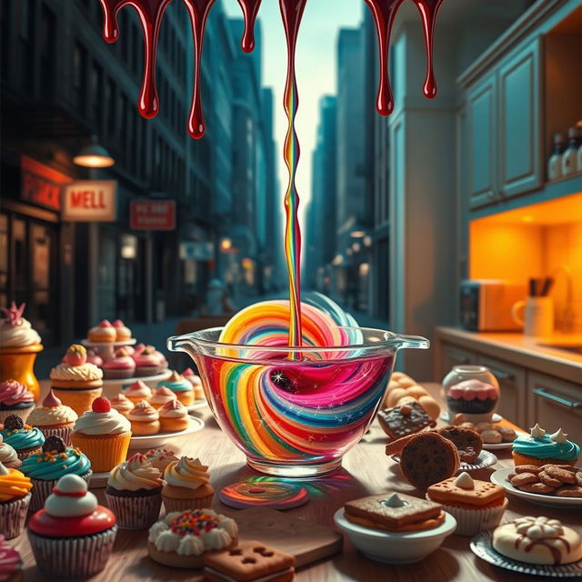 A hyperrealistic scene featuring a table laden with various colorful baked goods, including cupcakes, cookies, and pastries, all beautifully arranged