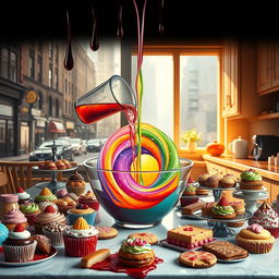A hyperrealistic scene featuring a table laden with various colorful baked goods, including cupcakes, cookies, and pastries, all beautifully arranged