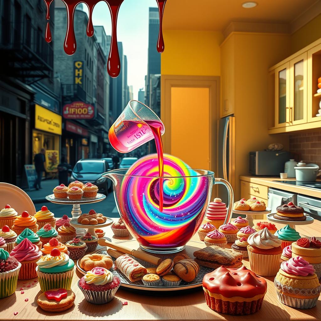 A hyperrealistic scene featuring a table laden with various colorful baked goods, including cupcakes, cookies, and pastries, all beautifully arranged