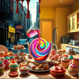 A hyperrealistic scene featuring a table laden with various colorful baked goods, including cupcakes, cookies, and pastries, all beautifully arranged