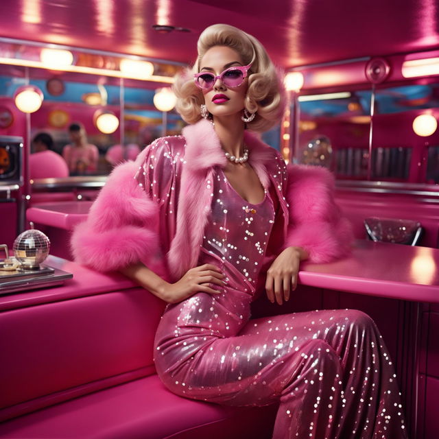 A new model in a distinct Barbie-inspired outfit, set within a vintage environment with a pink aesthetic