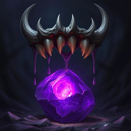 A fantasy scene featuring a mystical purple stone that glows against a dark, swirling background