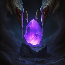 A fantasy scene featuring a mystical purple stone that glows against a dark, swirling background