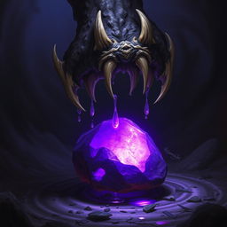 A fantasy scene featuring a mystical purple stone that glows against a dark, swirling background