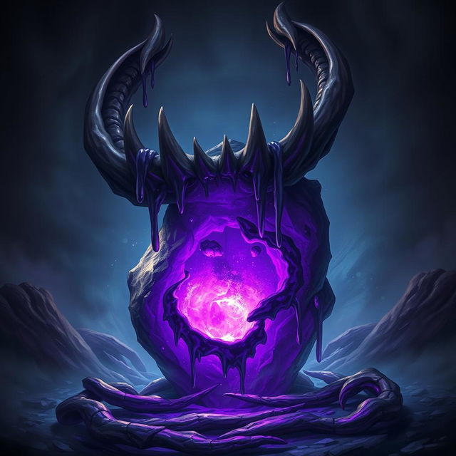 A fantasy scene featuring a mystical purple stone that glows against a dark, swirling background