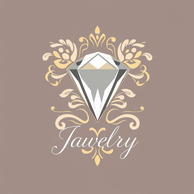 A modern and elegant logo design for a jewelry brand, featuring a stylized diamond shape at the center, surrounded by intricate floral patterns