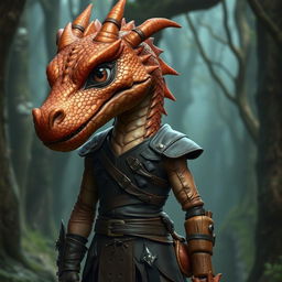 A humanoid figure with a dragon head, featuring copper-colored scales and no wings or tail