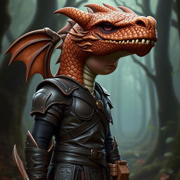 A humanoid figure with a dragon head, featuring copper-colored scales and no wings or tail