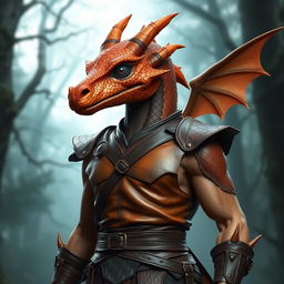 A humanoid figure with a dragon head, featuring copper-colored scales and no wings or tail