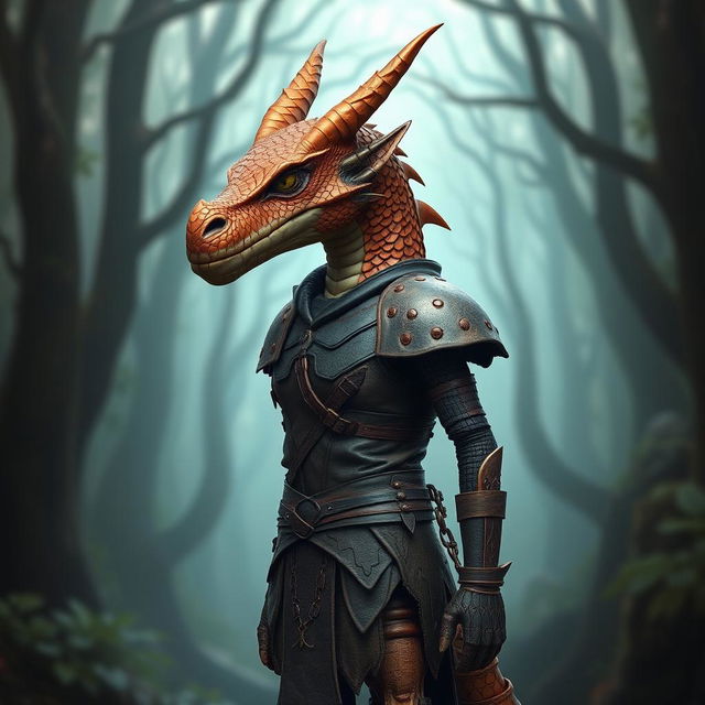 A humanoid figure with a dragon head, featuring copper-colored scales and no wings or tail