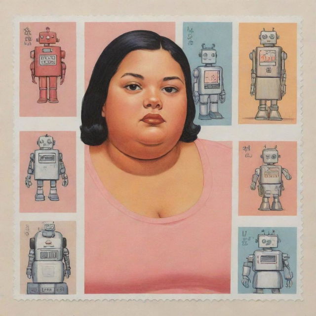 Create three individual portraits of obese, mixed-race robot girls, drawn in the art style of Daniel Clowes