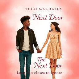 A romantic book cover design featuring a guy and a girl holding hands, set against a softened background of muted red and pink hues