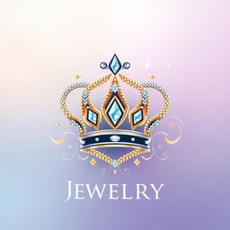A visually striking logo representing the theme of jewelry, featuring a stylized, intricate crown made of intertwined gold and silver chains, adorned with sparkling gemstones