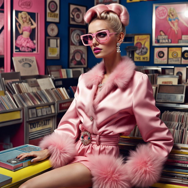 A different model in a unique Barbie-inspired outfit, set against a vintage backdrop with a pink aesthetic