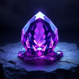 A stunning fantasy scene featuring a radiant purple gem stone sitting majestically on a textured, dark background
