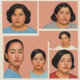 Create three individual portraits of fat, mixed-race girls from the desert, drawn in the style of Daniel Clowes