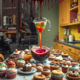 A table laden with a variety of colorful baked goods, including cupcakes, cookies, and pastries, set against a vibrant kitchen backdrop
