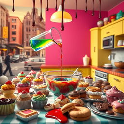 A table laden with a variety of colorful baked goods, including cupcakes, cookies, and pastries, set against a vibrant kitchen backdrop