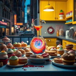 A table laden with a variety of colorful baked goods, including cupcakes, cookies, and pastries, set against a vibrant kitchen backdrop
