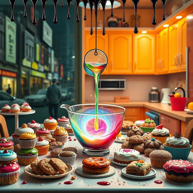 A table laden with a variety of colorful baked goods, including cupcakes, cookies, and pastries, set against a vibrant kitchen backdrop