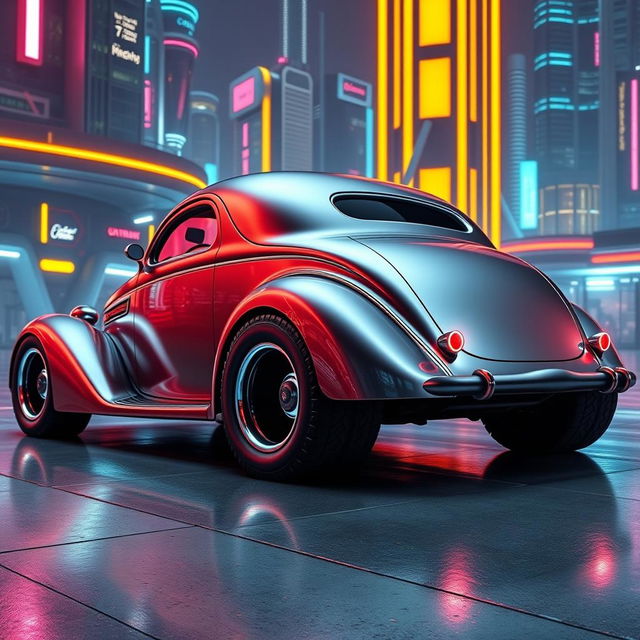 A striking 1936 Chevrolet Coupe transformed with a futuristic makeover, featuring a widebody design and big rear truck tires for an aggressive stance