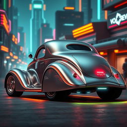 A striking 1936 Chevrolet Coupe transformed with a futuristic makeover, featuring a widebody design and big rear truck tires for an aggressive stance