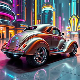 A striking 1936 Chevrolet Coupe transformed with a futuristic makeover, featuring a widebody design and big rear truck tires for an aggressive stance