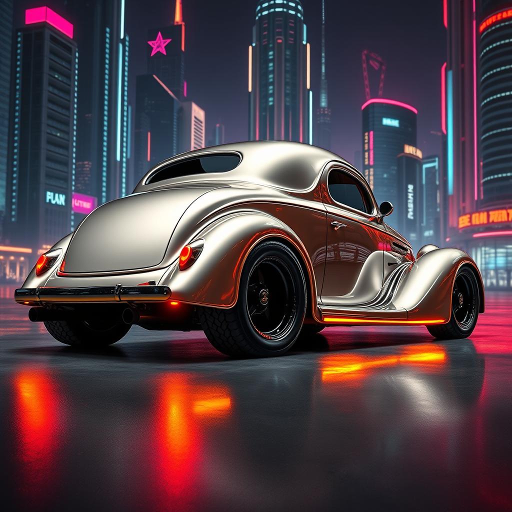 A striking 1936 Chevrolet Coupe transformed with a futuristic makeover, featuring a widebody design and big rear truck tires for an aggressive stance