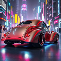 A visually striking 1936 Chevrolet Coupe with a bold futuristic makeover, featuring a widebody design and oversized rear tires for a powerful and aggressive look