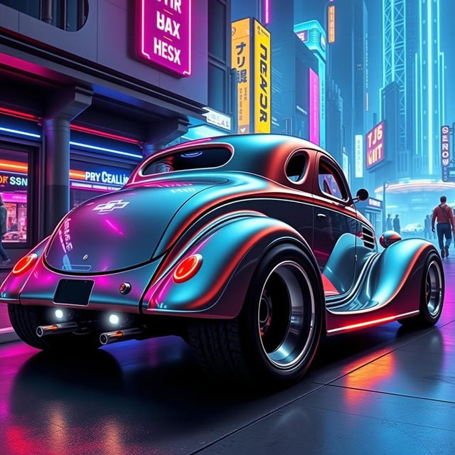 A visually striking 1936 Chevrolet Coupe with a bold futuristic makeover, featuring a widebody design and oversized rear tires for a powerful and aggressive look