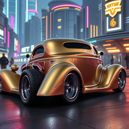 A visually striking 1936 Chevrolet Coupe with a bold futuristic makeover, featuring a widebody design and oversized rear tires for a powerful and aggressive look