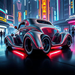 A visually striking 1936 Chevrolet Coupe with a bold futuristic makeover, featuring a widebody design and oversized rear tires for a powerful and aggressive look