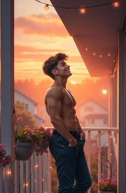 A romantic scene depicting a handsome young man standing on a balcony, gazing dreamily into the distance with a soft, inviting smile