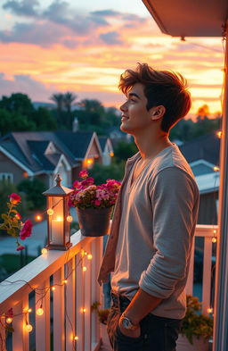 A romantic scene depicting a handsome young man standing on a balcony, gazing dreamily into the distance with a soft, inviting smile